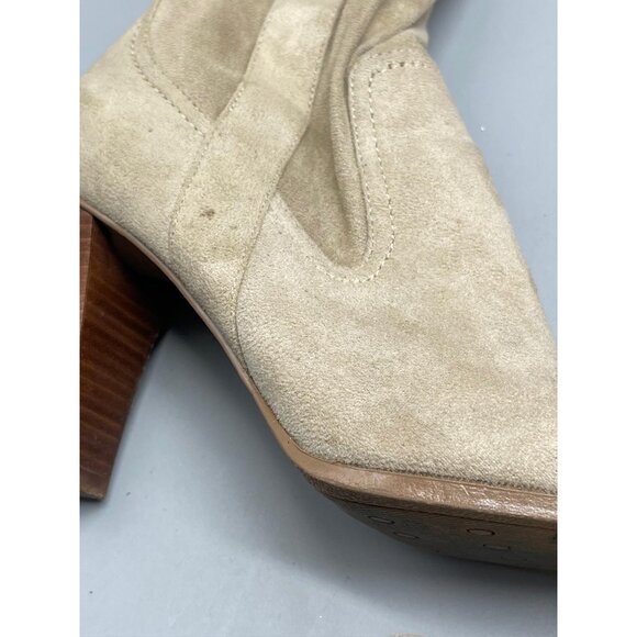 faux suede mid calf high heel boot 3 1/2" heel size 7 leg zips light brown READ - Picture 9 of 9